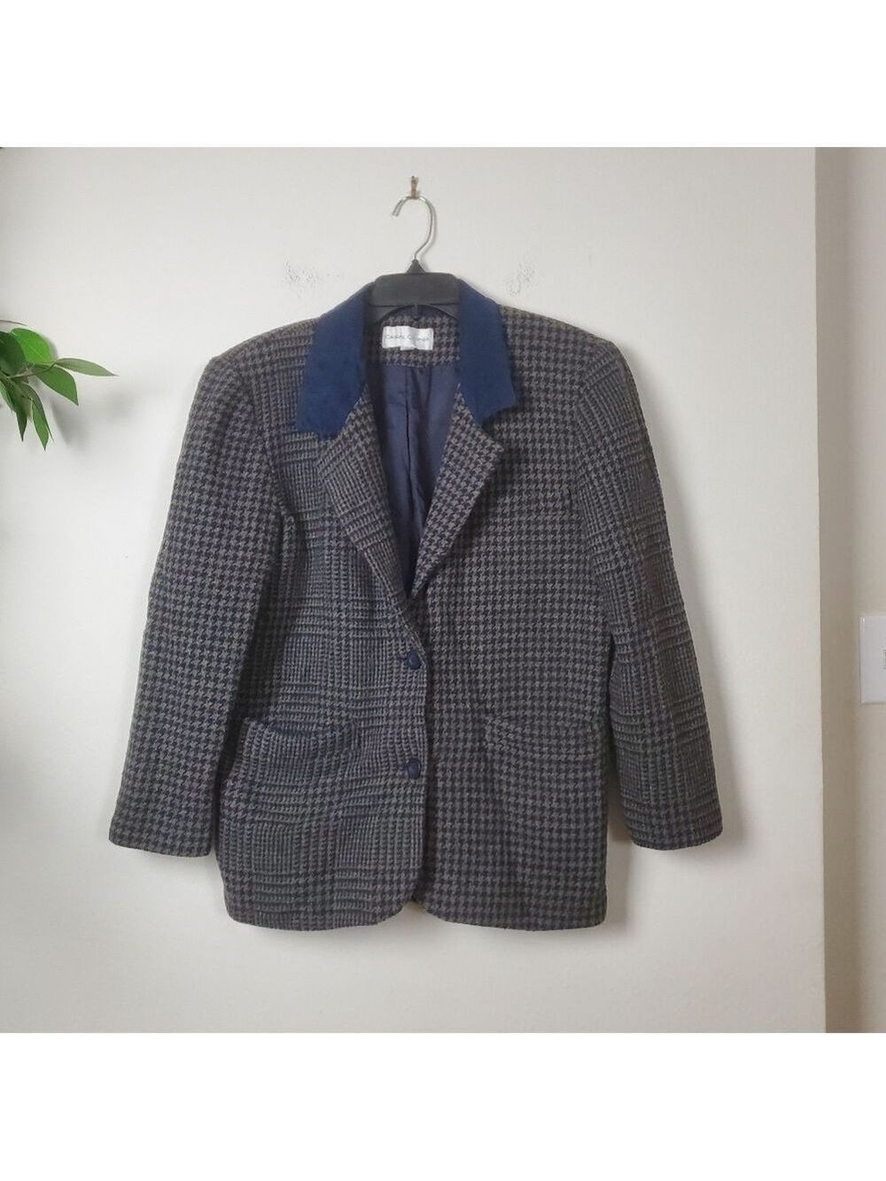 Vintage Casual Corner Houndstooth Wool Blazer Men's Small Blue
